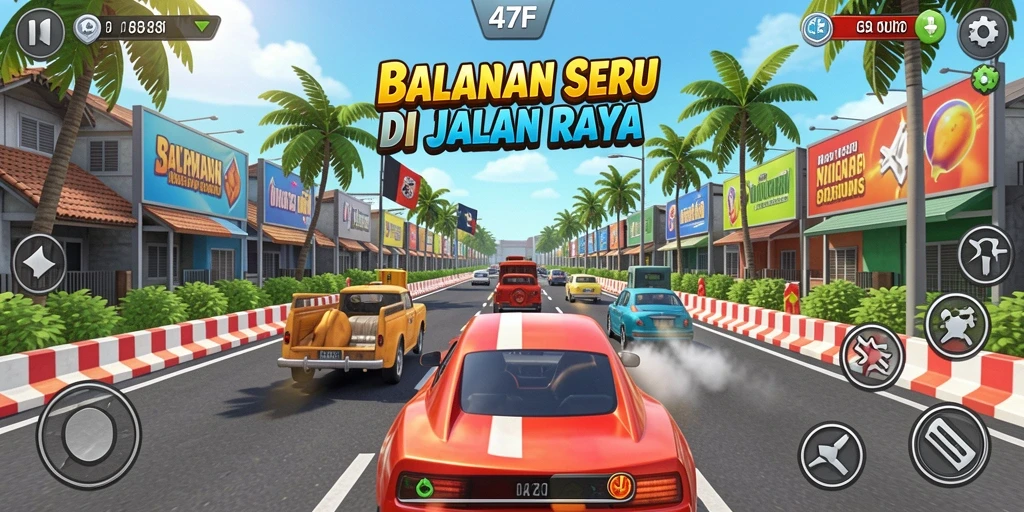 Gameplay Racing 47F dengan mobil berkecepatan tinggi di trek menantang.