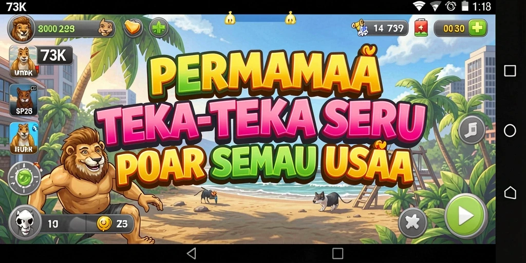 Screenshot gameplay dari 73K yang menunjukkan berbagai teka-teki menarik.