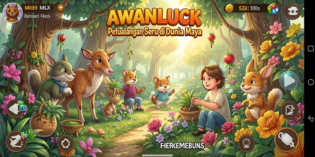 Tangkapan layar gameplay AWANLUCK yang menampilkan kebun yang subur dan penuh warna.