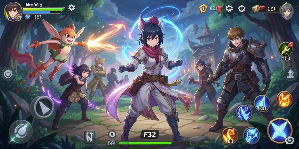 Screenshot F32 menampilkan karakter anime dalam aksi pertarungan yang mendebarkan.