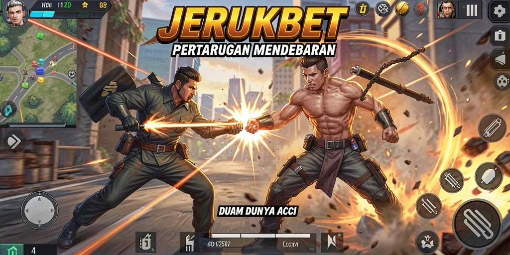 Tangkapan layar utama JERUKBET menampilkan aksi seru di arena pertarungan.