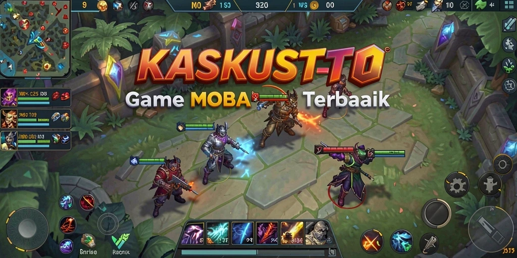 Tampilan gameplay KASKUSTOTO dengan pertarungan seru antara karakter MOBA.