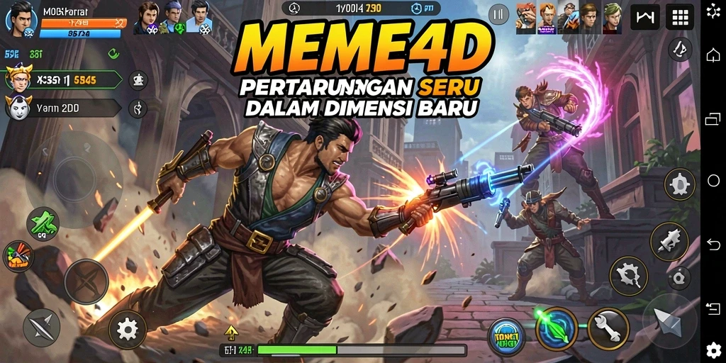 Tangkapan layar menampilkan pertarungan seru di MEME4D dengan karakter unik.