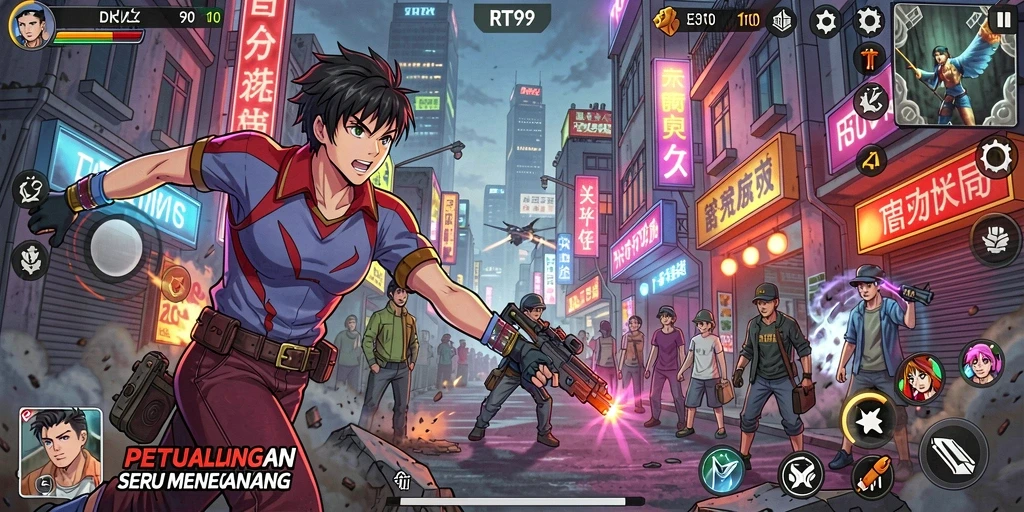 Tangkapan layar gameplay RT99 menampilkan karakter Anime yang dinamis dan pertempuran yang seru.