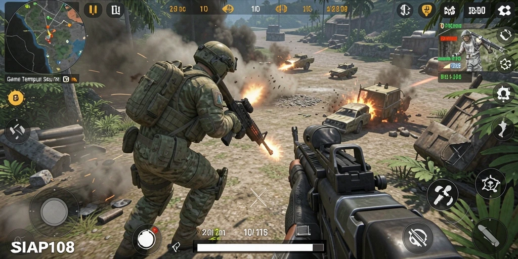 Screenshot SIAP108 menunjukkan aksi tempur seru dalam game TPS.