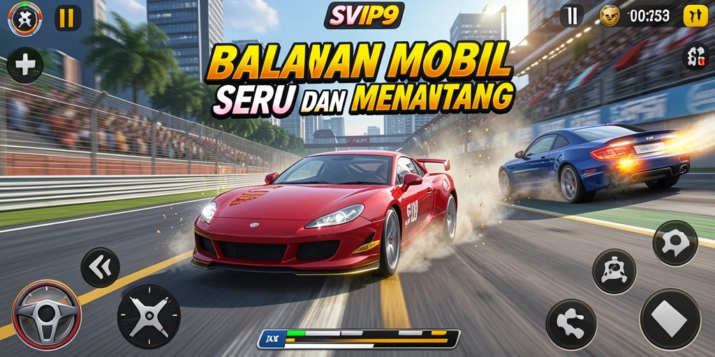 Tampilan gameplay <strong>SVIP9</strong> dengan mobil balap di lintasan.
